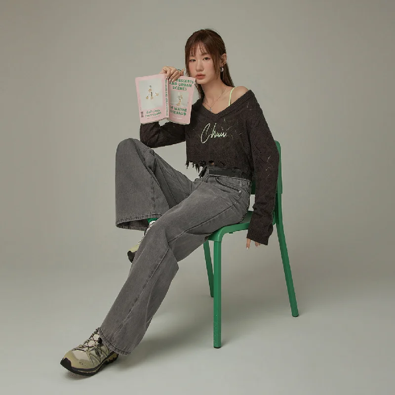 Light Dressing Folded Waist Collar Washed Wide Jeans