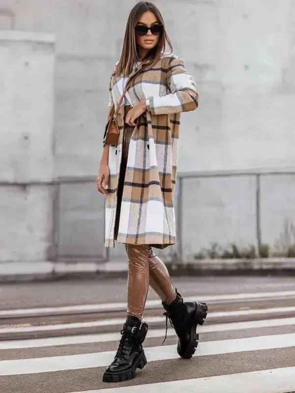 Fashion Design Plaid Double-Breasted Women Coat