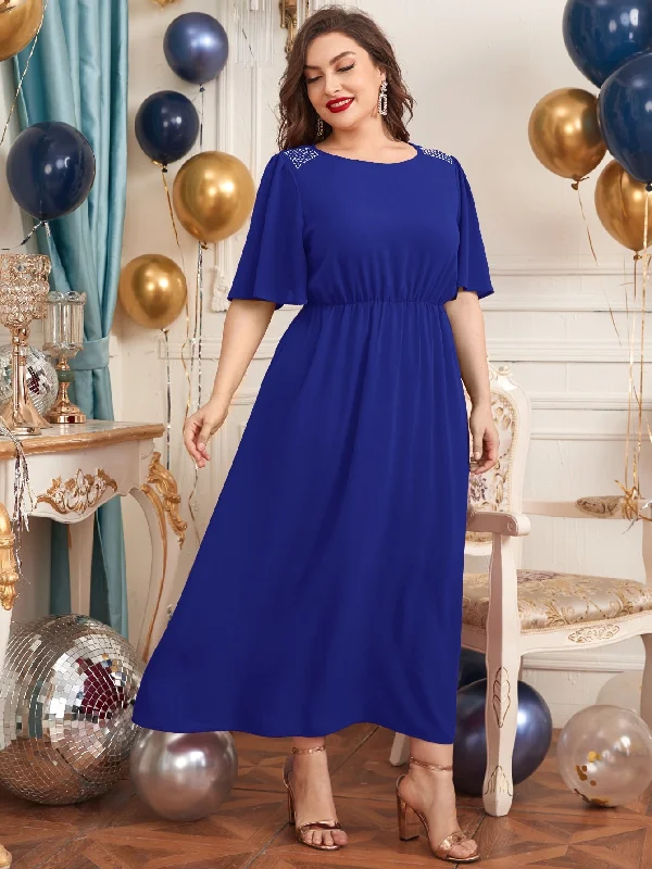 Elegant Temperament Elegant Plain Rhinestone Short Sleeve Round Neck Flared High Waist Long Plus Size Dress Elegant Temperament Elegant Plain Rhinestone Short Sleeve Round Neck Flared High Waist Long Plus Size Dress