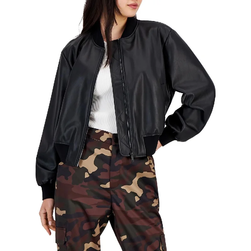 Exquisite Craftsmanship Bar III Womens Petites Faux Leather Long Sleeve Bomber Jacket