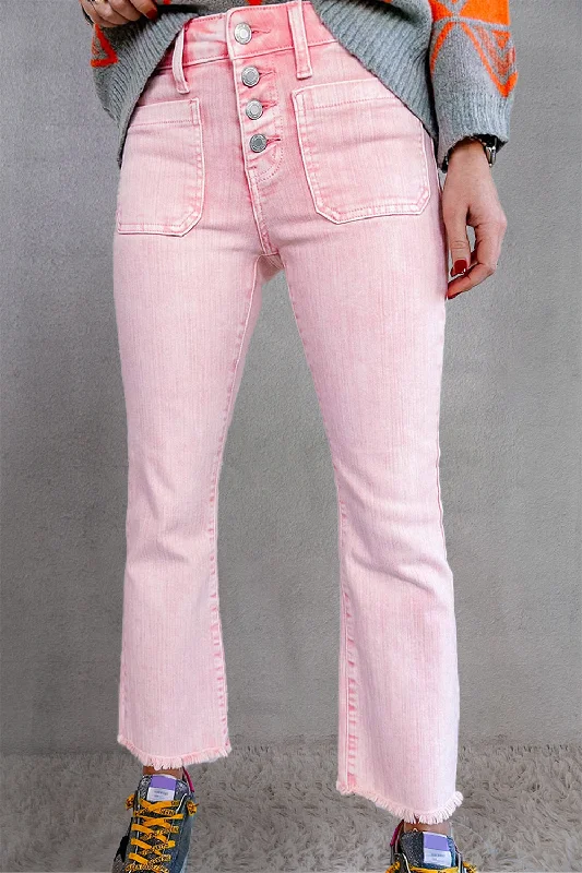 Casual Fit Wear Raw Hem Button-Fly Jeans with Pockets