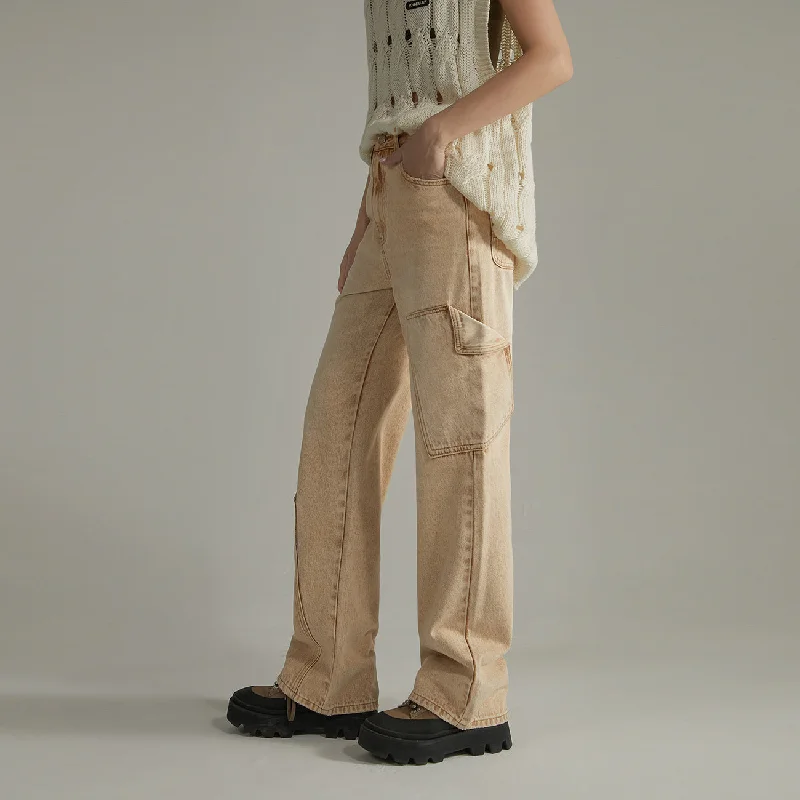 Cozy Fashion Pocket Washed Wide Jeans