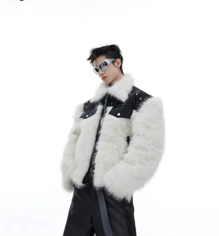 Luxury Style Leather Splicing Fur Plush Short Jacket