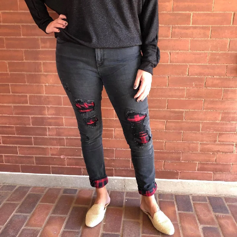 Elegant Casuals Black Destroyed Buffalo Plaid Patch Skinny Jeans