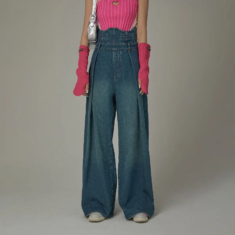 Cozy Lounge Wear Ultra High Waist Pintuck Wide Denim Jeans