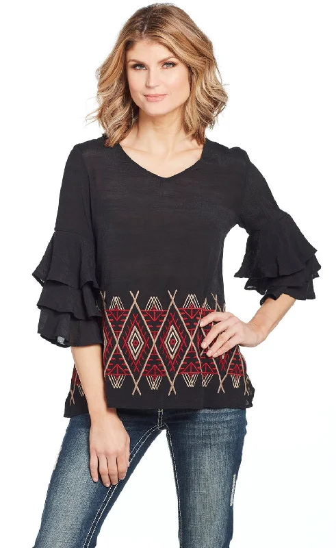 Bright Colors Cowgirl Up Womens Black/Red Rayon Geometric Ruffle Blouse S/S