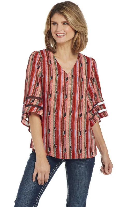 Comfortable And Versatile Cowgirl Up Womens Red/Green Polyester Striped Blouse S/S