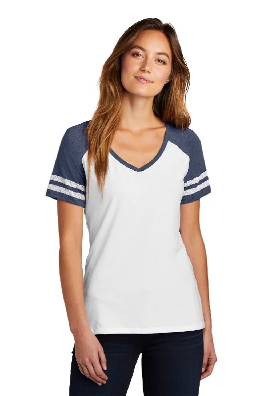 Playful Style District Womens Game Short Sleeve V-Neck T-Shirt - White/Heather Navy Blue Playful Style District Womens Game Short Sleeve V-Neck T-Shirt - White/Heather Navy Blue