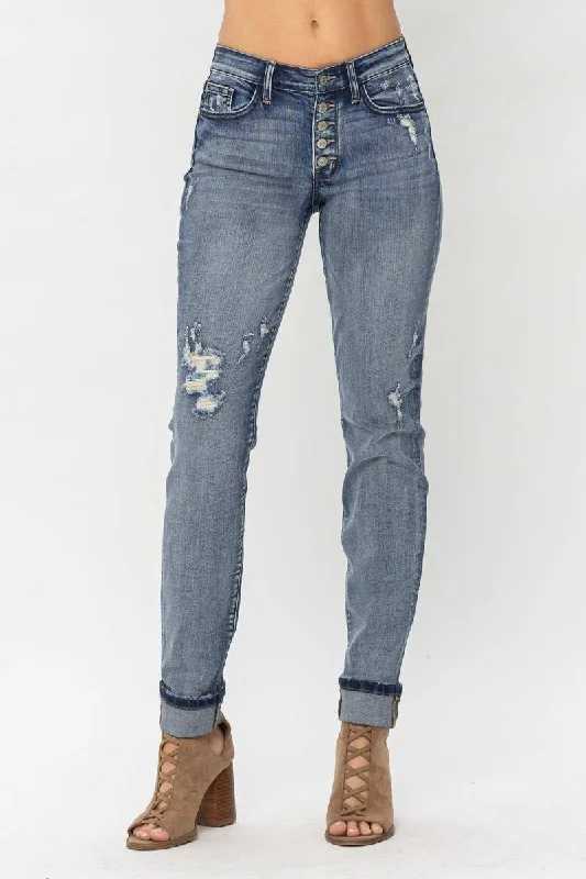 Cozy Essentials Judy Blue Mid-Rise Button Fly Contrast Wash Cuffed Boyfriend Jeans