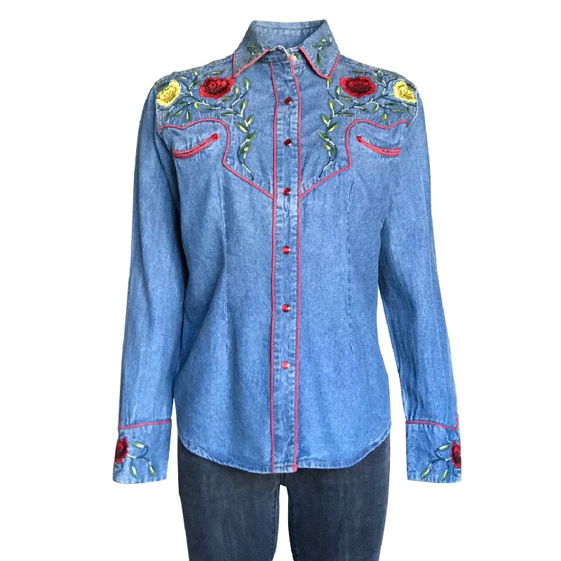Street Fashion Rockmount Womens Denim 100% Cotton Vintage Floral Embroidery L/S Shirt Street Fashion Rockmount Womens Denim 100% Cotton Vintage Floral Embroidery L/S Shirt