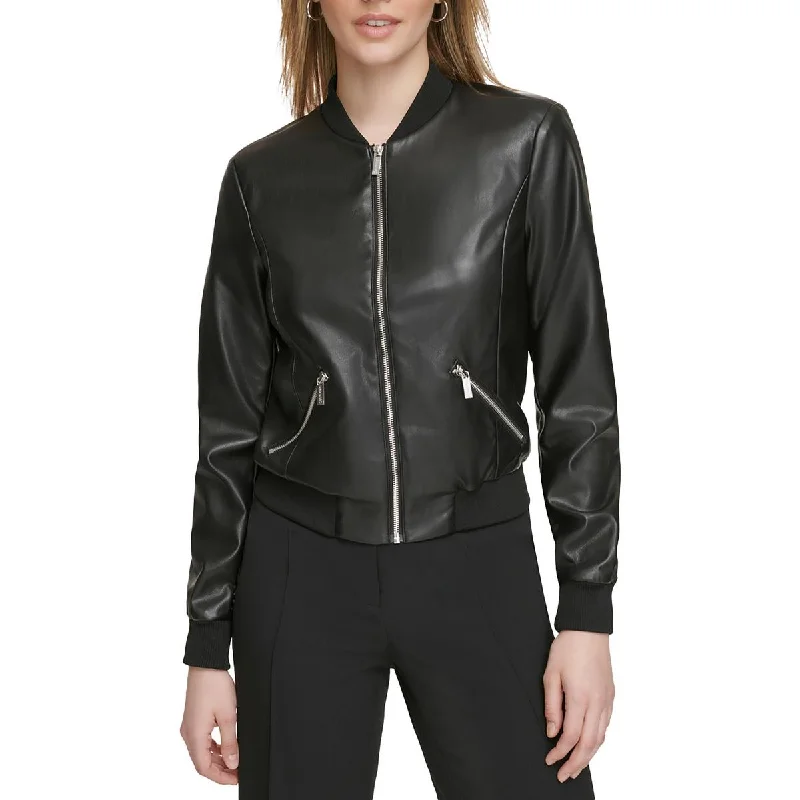 Cute Design Calvin Klein Womens Faux Leather Ribbed Cuffs Bomber Jacket