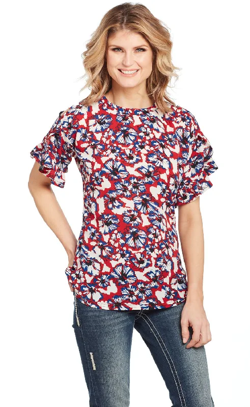 Body Design Cowgirl Up Womens Multi-Color Polyester Floral Blouse S/S