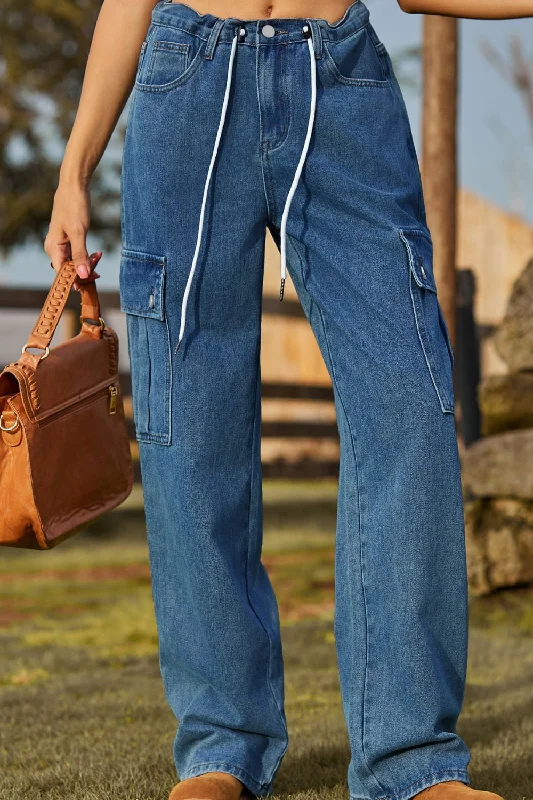 Casual Comfort Wear Loose Fit Drawstring Jeans with Pocket