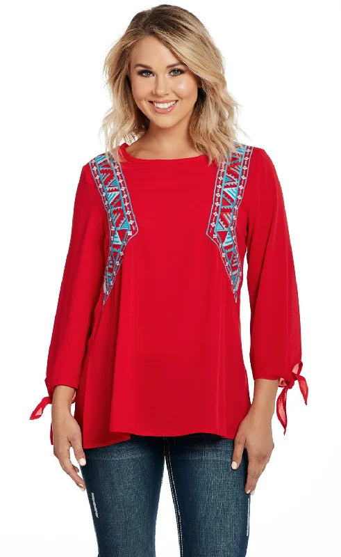 Modern City Cowgirl Up Womens Red Polyester Embroidered Top Tunic S/S