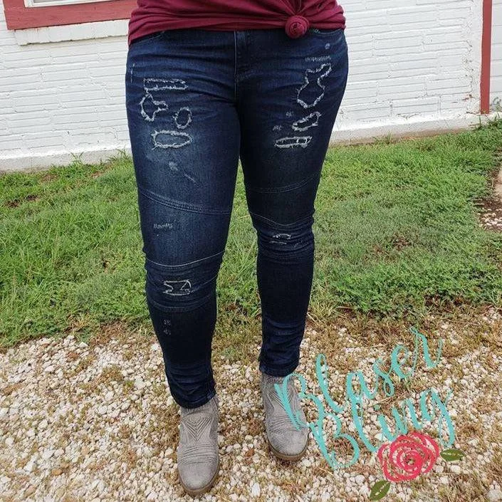 Comfortable Lifestyle L&B Dark Wash Distressed Biker Jean W/ Ankle Zippers