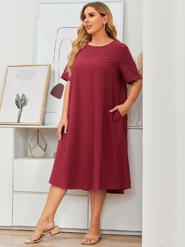 Knowledge And Elegance Casual Plain Pocket Short Sleeve Round Neck Straight Natural Long Plus Size Dress Knowledge And Elegance Casual Plain Pocket Short Sleeve Round Neck Straight Natural Long Plus Size Dress