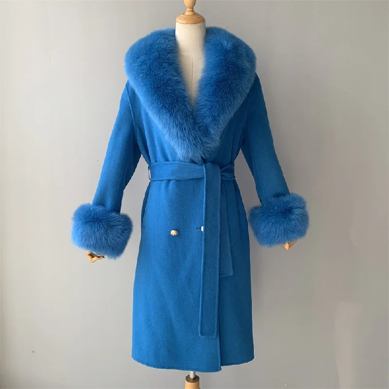 Celebrity Picks Women's Blue Cashmere Wool Blends Real Fox Fur Collar Long Winter Jacket