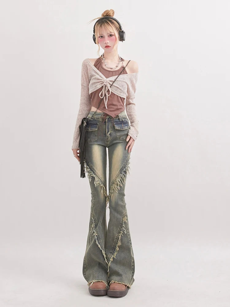 Trendy Looks Soft Grunge Tasseled Flare Jeans
