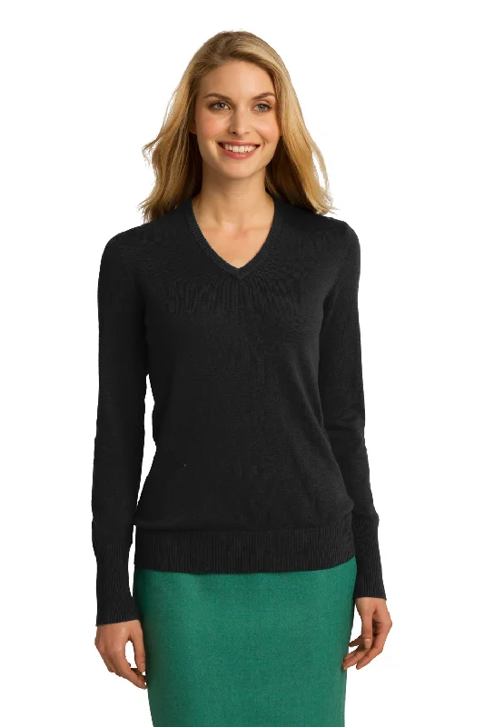 Retro Prints Port Authority Womens Long Sleeve V-Neck Sweater - Black - Closeout