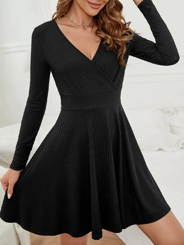 Lace Design Plain Long Sleeve V Neck Flared High Waist Short Dress