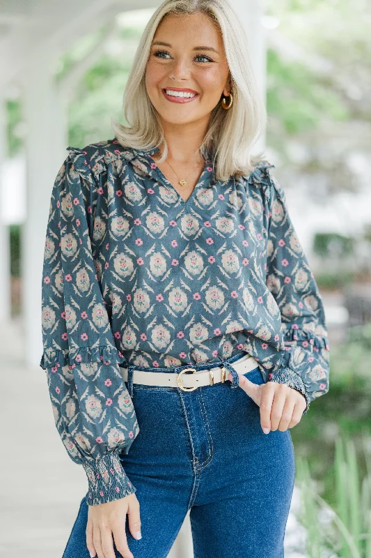 Age-reducing Style All Worth It Navy Blue Medallion Blouse