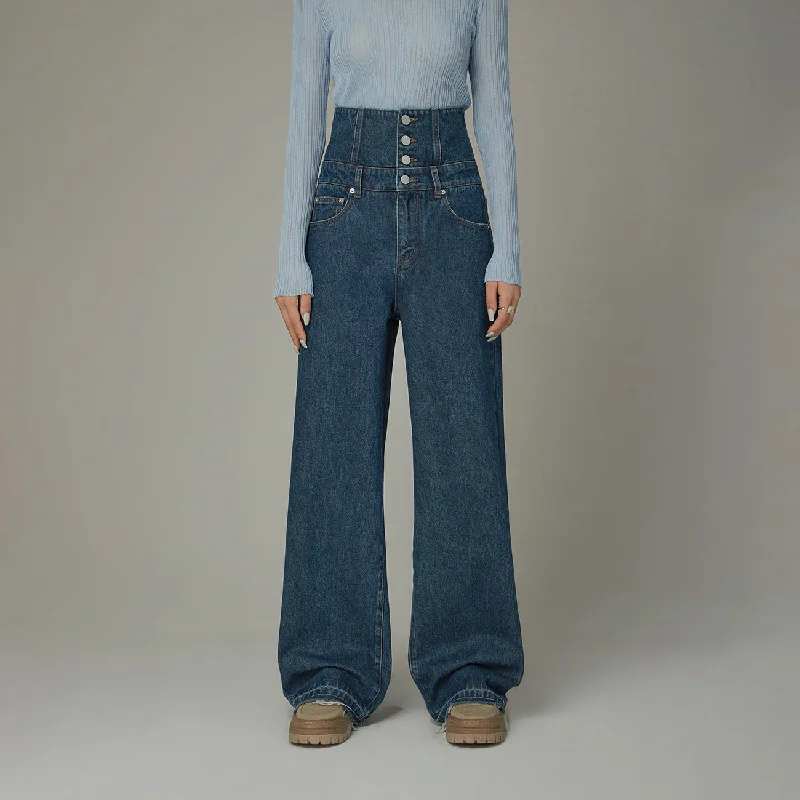 Fashion Comfort High Waisted Button Wide Denim Jeans