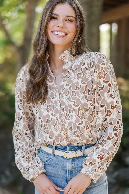 Noble And Elegant Feeling The Love Taupe Crochet Blouse