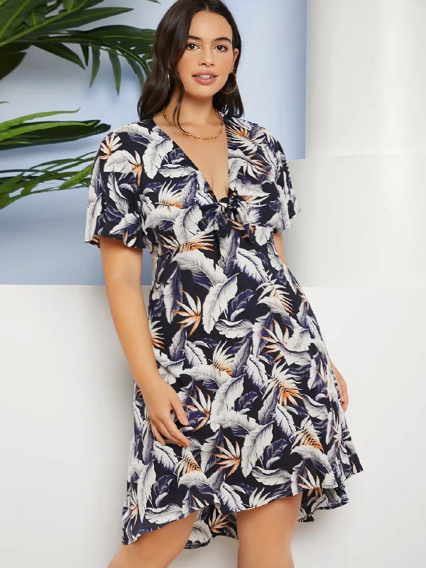 Thin Design Boho Tropical Knot Short Sleeve Deep V Neck Asymmetrical High Waist Short Plus Size Dress Thin Design Boho Tropical Knot Short Sleeve Deep V Neck Asymmetrical High Waist Short Plus Size Dress