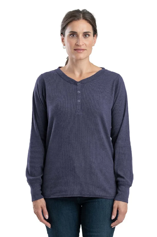 Fashion Wear Berne Steel Blue Cotton Blend Womens Heavyweight Rib Knit Henley L/S