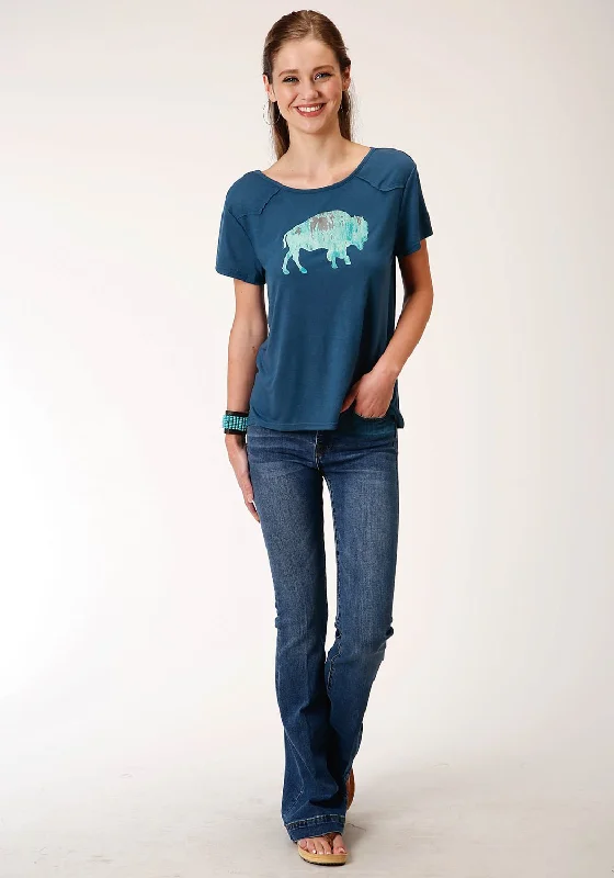 French Style Roper Womens Navy Blue Poly/Rayon Buffalo Yoke S/S T-Shirt