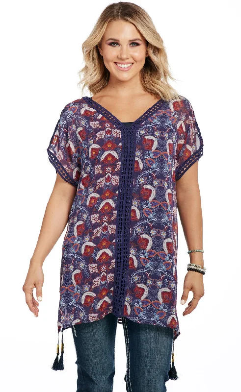 Stretch Design Cowgirl Up Womens Purple Multi Polyester Tassel Kaftan Tunic S/S