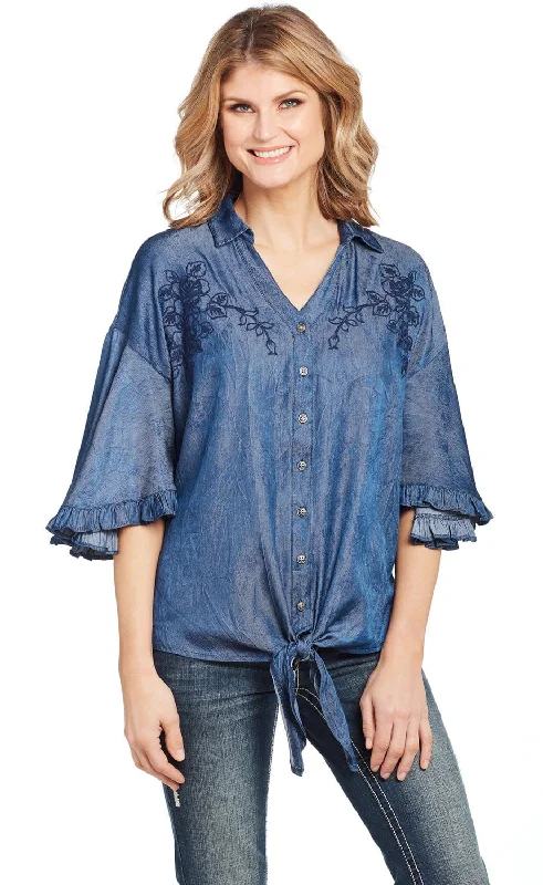 British Fashion Cowgirl Up Womens Denim Polyester V-Neck Ruffle Blouse S/S