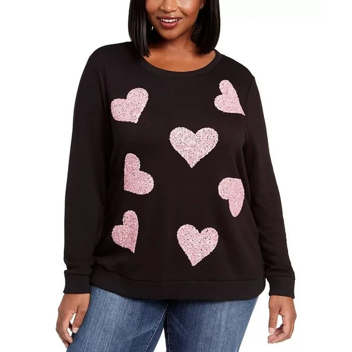 INC International Concepts Women's Plus Sequin Heart Sweatshirt Black Size 1X