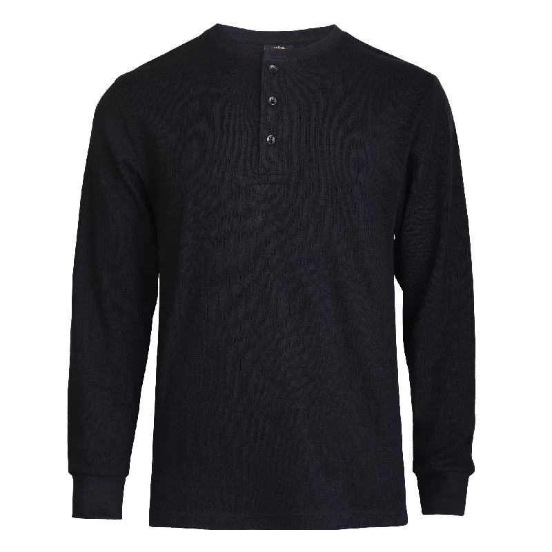 Elegant Style KNOCKER MEN'S WAFFLE-KNIT THERMAL HENLEY SHIRT (MHS100_BLACK)