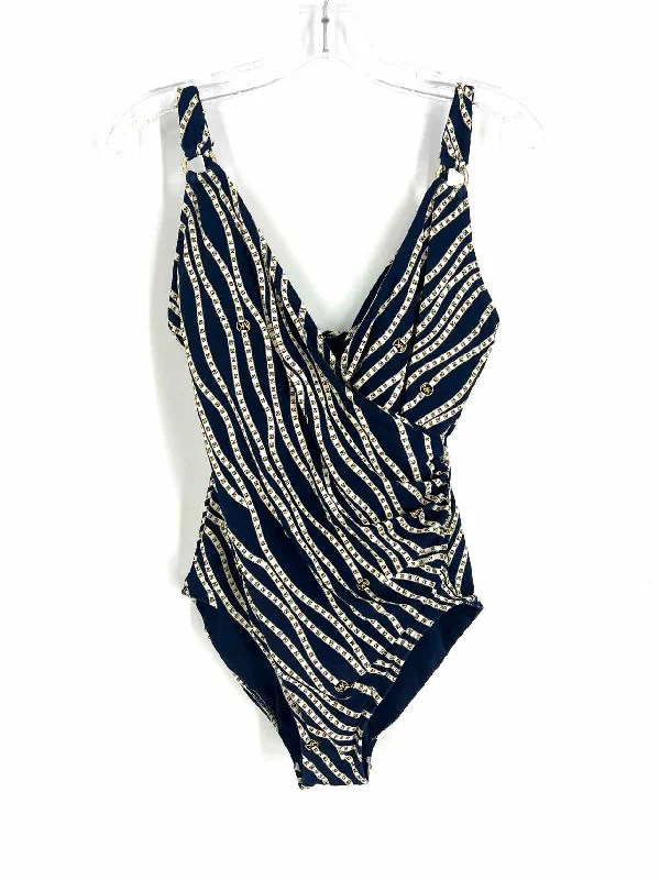 Michael Michael Kors Size 12 Navy/Cream Print Swimwear Swimsuit