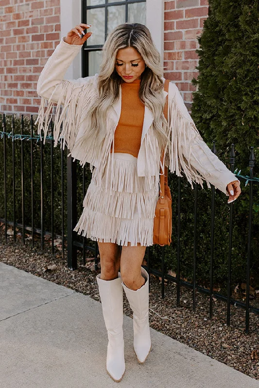 Unique Fashion Boho Flow Faux Suede Fringe Jacket in Cream