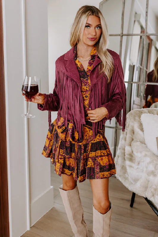 Casual Choice Boho Flow Faux Suede Fringe Jacket in Maroon