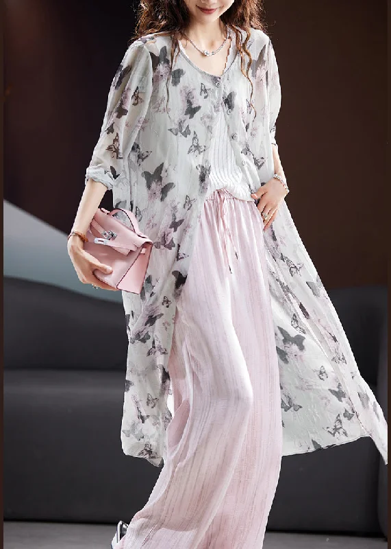 Slim Fit Organic Grey O Neck Print Chiffon UPF 50+ Coat Summer