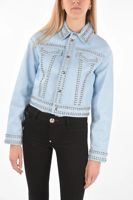 New Design Philipp Plein COUTURE Leather Bomber Jacket CRYSTAL embellished with studs