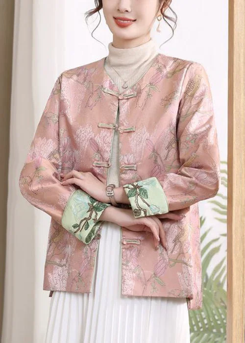 Elegant Series Pink Button Print Silk Coats V Neck Long Sleeve