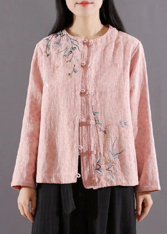 Elegant Temperament Pink Chinese Button Patchwork Cotton Coat Jacquard Long Sleeve