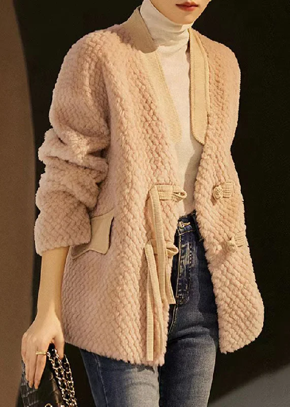 Fashion Must-have Pink Pockets Patchwork Wool Jackets Tasseled Button Winter