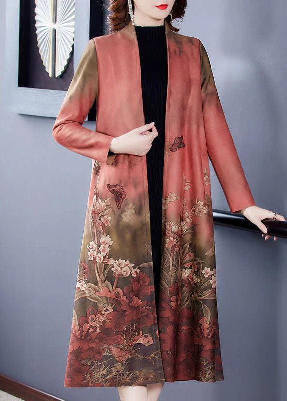 Luxury Temperament Pink Print Faux Suede Trench Coats Oversized Long Sleeve