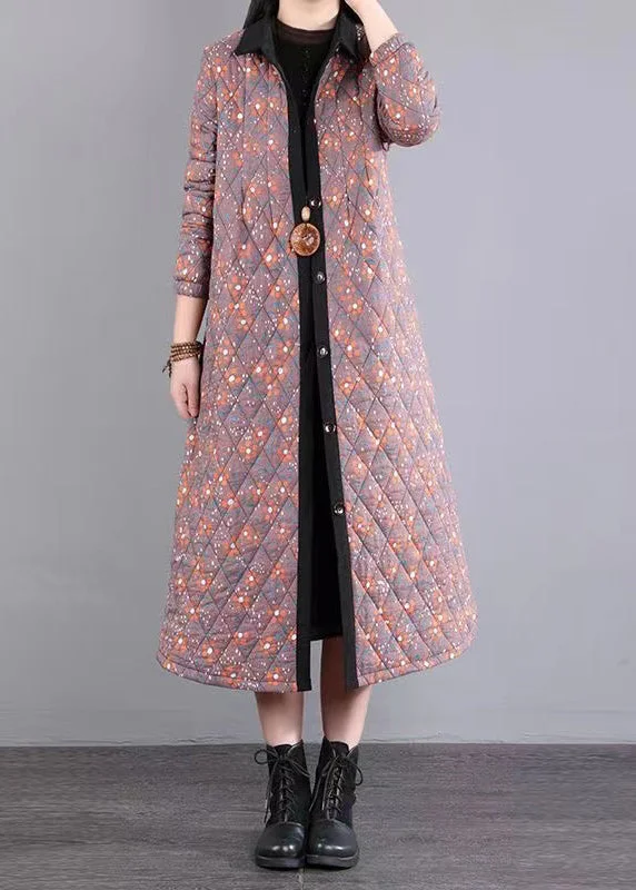 Comfortable And Cold-proof Pink Print Patchwork Fine Cotton Filled Coats Peter Pan Collar Button Winter