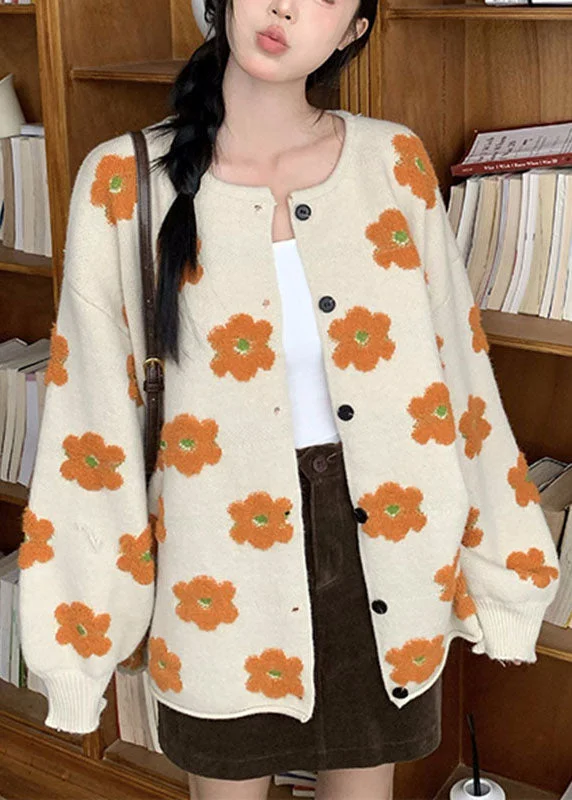 Soft Relaxation Wear Plus Size Apricot Floral Cotton Knit Sweater Coats Long Sleeve