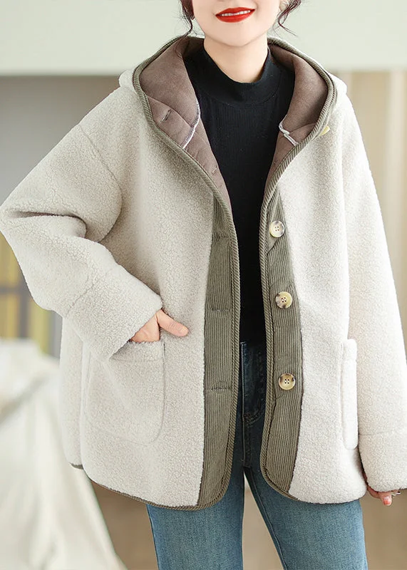 Simple Comfort Plus Size Apricot Hooded Pockets Patchwork Faux Fur Warm Fleece Coat Winter