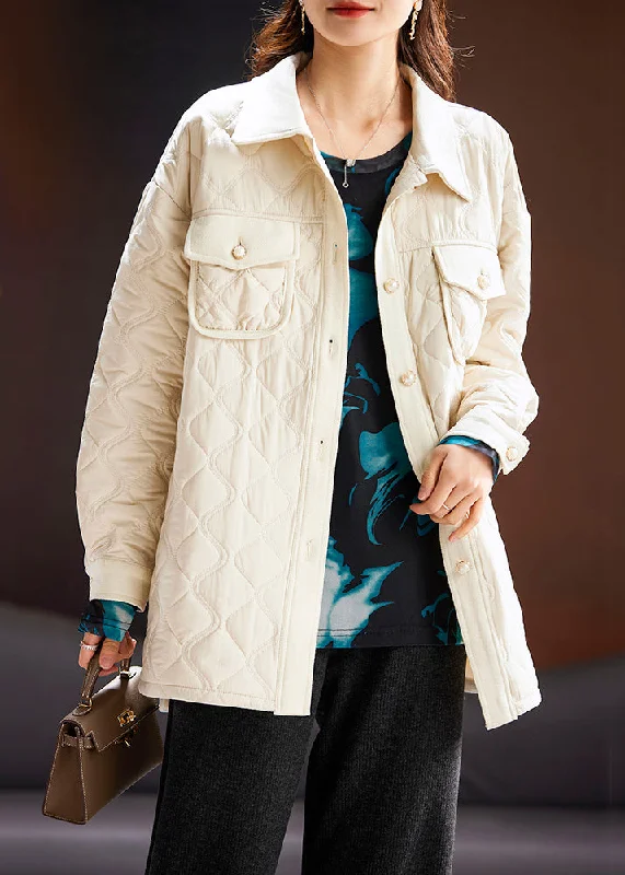 Trendy Comfort Plus Size Apricot Peter Pan Collar Button Cotton Filled Coat Long Sleeve