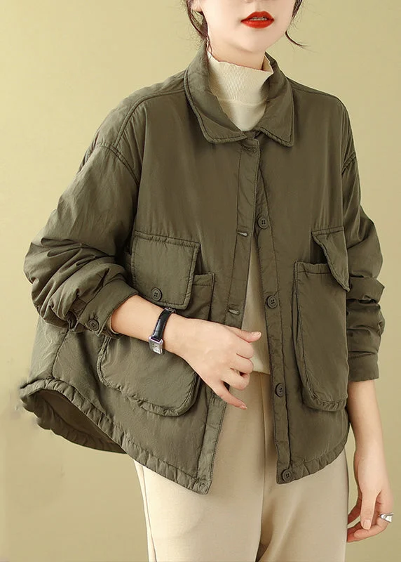 Soft Textures Plus Size Army Green Peter Pan Collar Pockets Fine Cotton Filled Jacket Winter