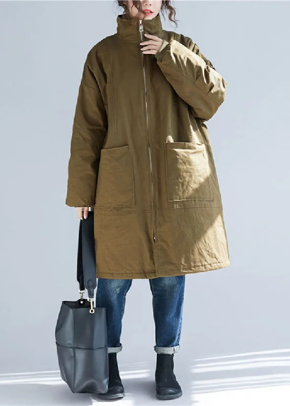 Elegant Casuals Plus Size Army Green Stand Collar Pockets Parka Coats Long Sleeve