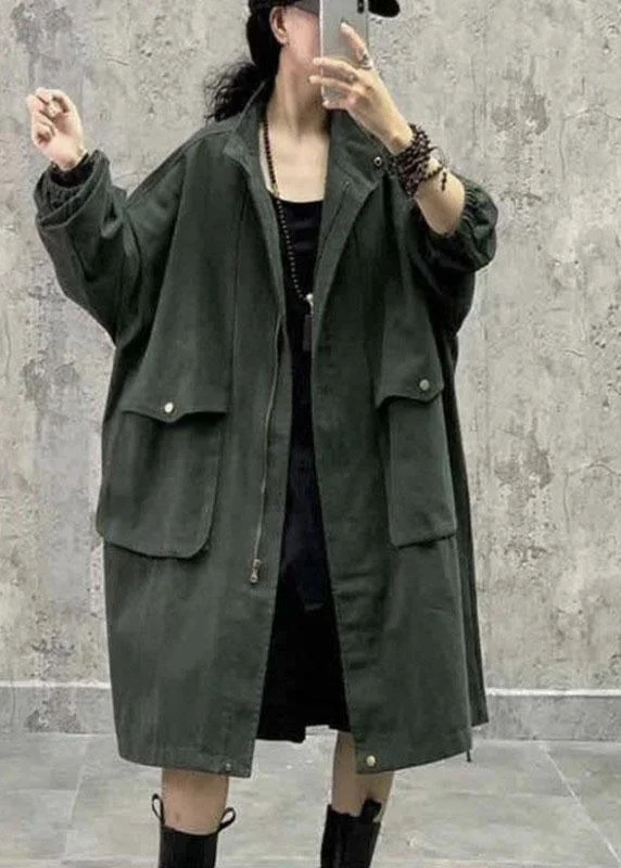 Comfy Layers Plus Size Army Green Stand Collar Zippered Pockets Fall Long sleeve Trench Coat